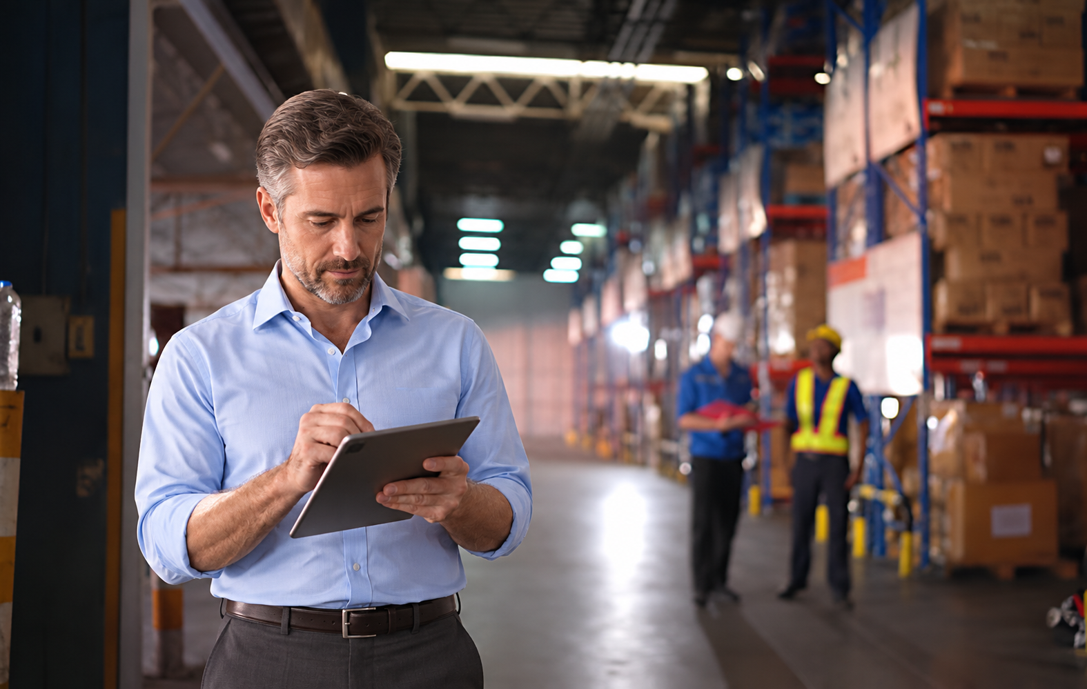Illustrative business owner reviewing a tablet with warehouse workers in the background
